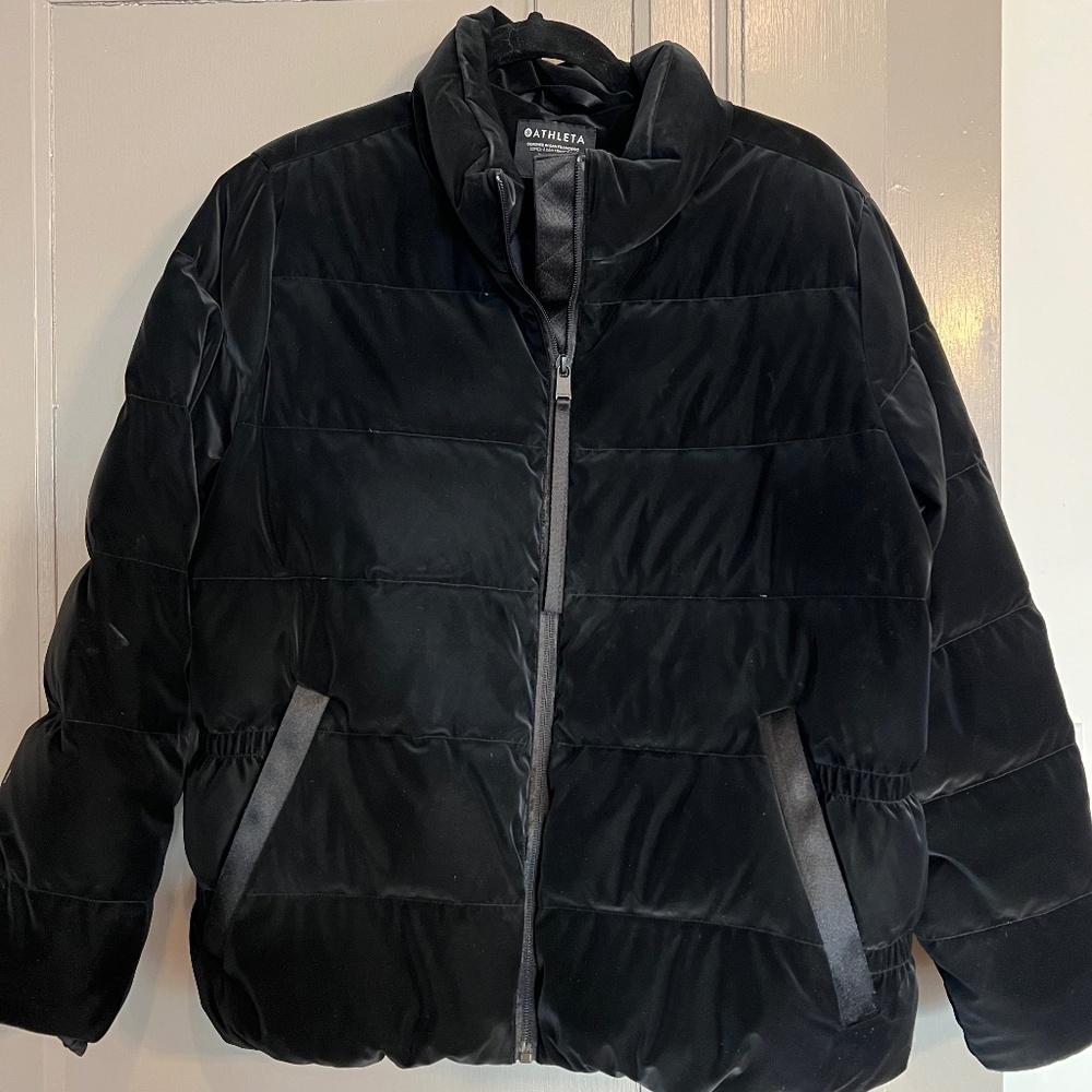 Athleta Venice Odyssey Jacket Black, Velvet-look Warm Down Puffer Coat